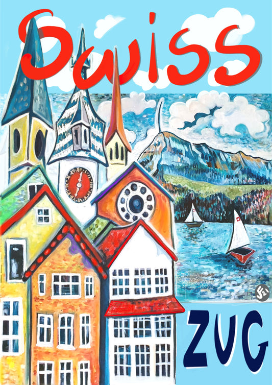 Travel Poster Art, Zug City Life in Switzerland